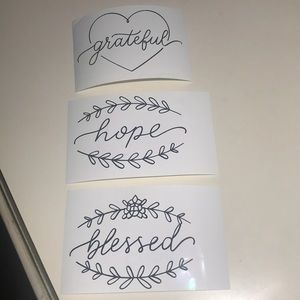 3 black vinyl stickers. Grateful, blessed, hope